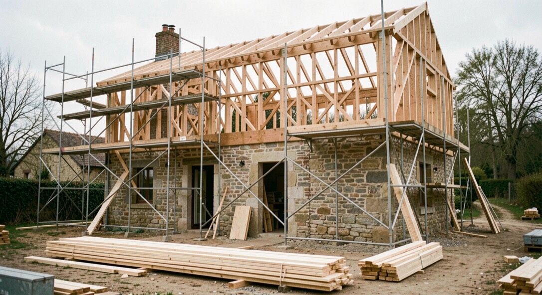 En fin de matinée, dans une maison de village en cours de rénovation, un mètre ruban déroulé sur une poutre ancienne et un carnet de devis posé sur une brouette, lumière rasante entrant par une fenêtre sans vitrage, cadrage serré sur les mains et le carnet.