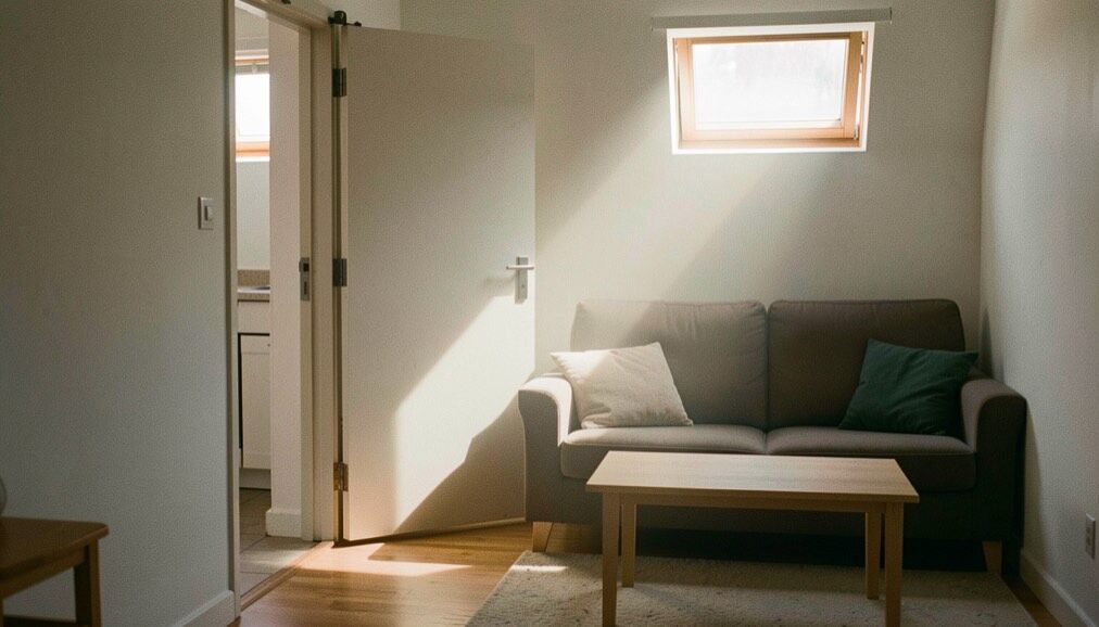 Un plan de logement dessiné au crayon sur papier millimétré, posé sur une table en bois près d’une fenêtre, avec un mètre ruban déroulé et de petits rectangles de papier découpés figurant des meubles ; lumière de fin d’après-midi venant de la gauche, cadrage serré à plat sur la feuille.