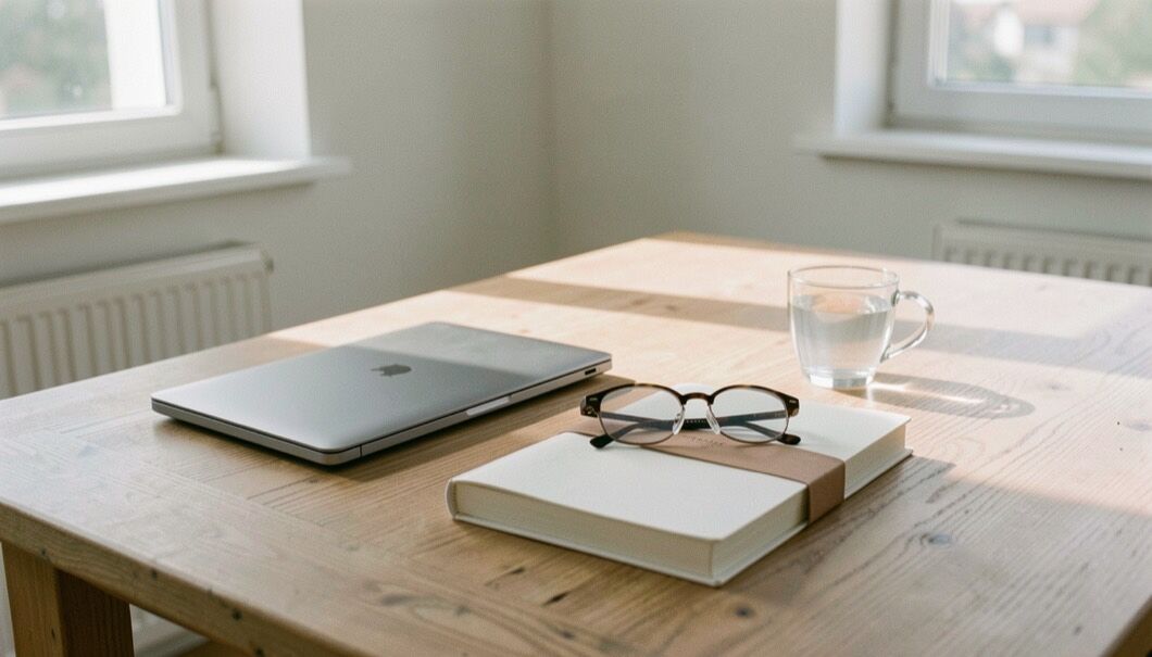 Bureau clair et vide au matin, ordinateur portable fermé, cahier neuf encore sous bande, tasse d’eau et lunettes posées sur une table de chêne au soleil