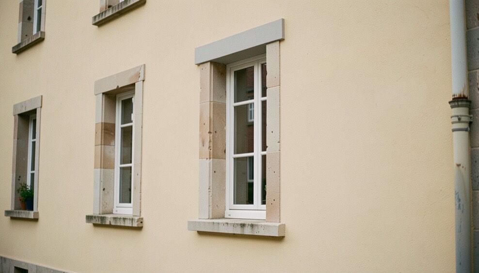 Façade de maison en enduit ocre clair percée d’une baie récente alignée sur les fenêtres existantes, linteau discret en béton peint et appui de fenêtre en pierre de taille assorti aux encadrements anciens