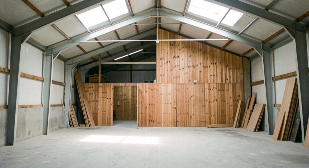 Intérieur de hangar agricole en réhabilitation, charpente métallique peinte en gris clair au-dessus d’un volume bois fermé inséré à moitié hauteur, lanterneaux zénithaux diffusant la lumière du jour sur le sol béton poncé