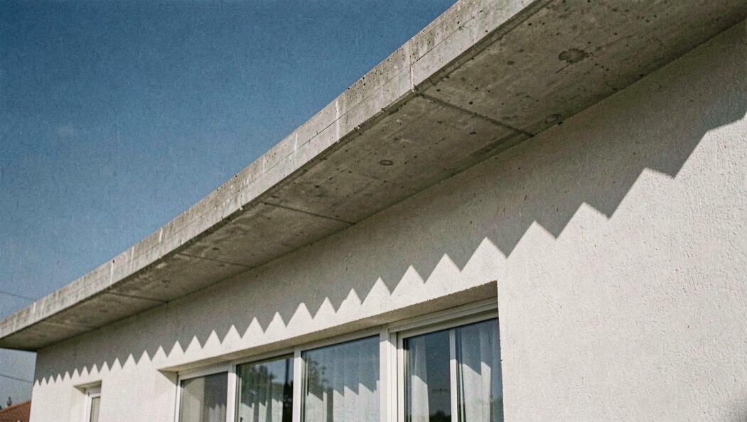 Façade sud d’une maison en enduit clair sous une dalle filante de béton en porte-à-faux, ombre découpée en dents de scie tombant sur l’allège vitrée, ciel bleu profond sans nuage au milieu de la journée