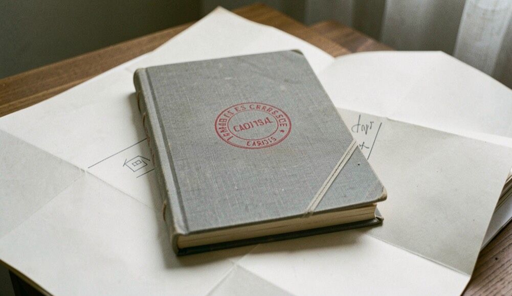 Cahier des charges relié en toile grise posé fermé sur un plan de maison plié en quatre, tampon rond d’archives à l’encre rouge sur la couverture et trait tireté au crayon en marge