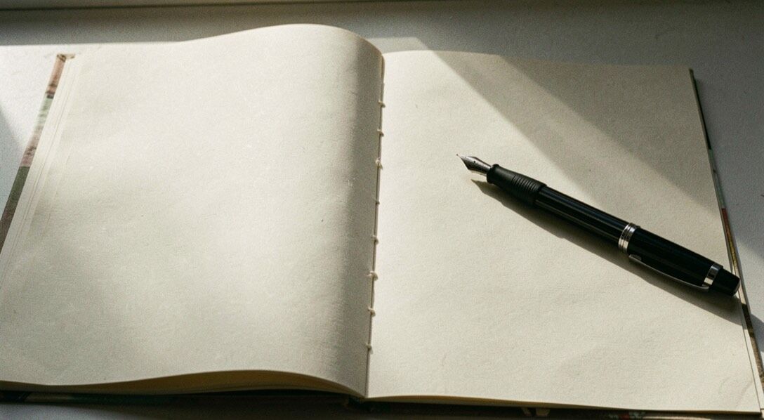 Revue ouverte sur une double page de papier crème, stylo posé en travers du feuillet droit, tranche cousue apparente et lumière rasante du matin révélant le grain du papier