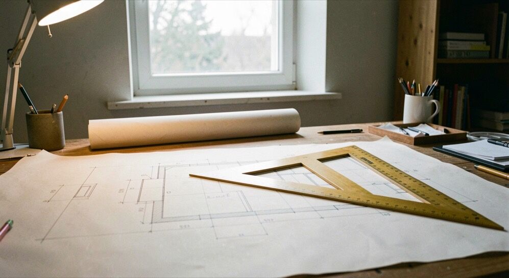 Table à dessin éclairée par une fenêtre haute, tirage de plan de niveau, échelle triangulaire et calque de coupe posé en travers du plan