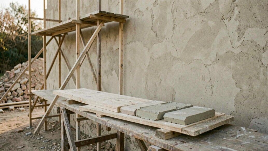 Plan de travail de cuisine utilisé comme établi, perceuse visseuse posée sur une planche de pin prédécoupée, vis et équerres alignées à côté d’un mètre ruban