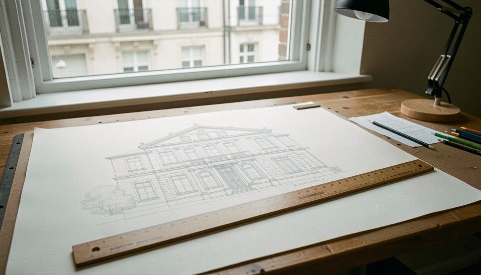 Table à dessin avec une liste manuscrite de besoins et contraintes posée à côté d’un plan d’implantation, règle et crayon en travers, lumière oblique du matin