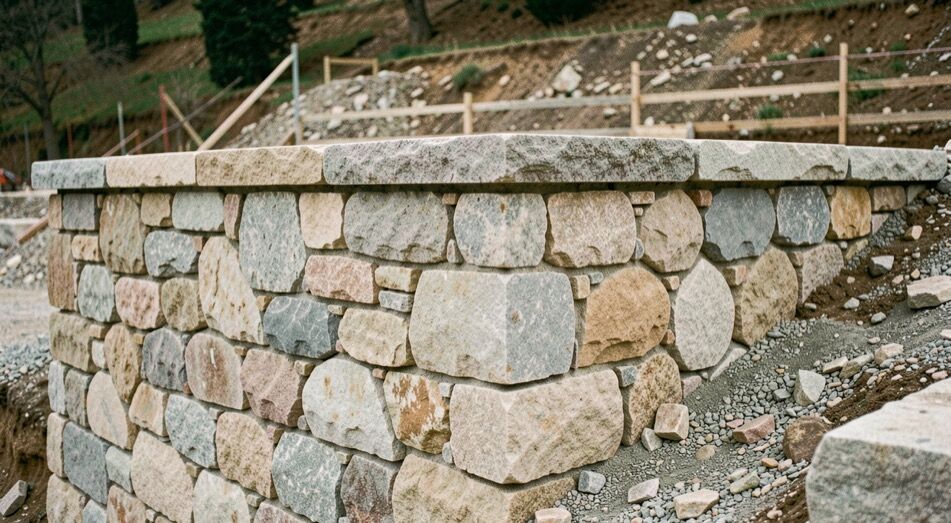 Front de taille d’une carrière de calcaire abandonnée, bancs de pierre réguliers marqués par les traits d’extraction et boules de taille éboulées au pied