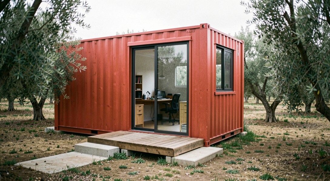 Maison individuelle de plain-pied posée sur une longrine métallique apparente, deux rails en acier affleurant le sol du terrain et chandelles de calage visibles sous le pignon
