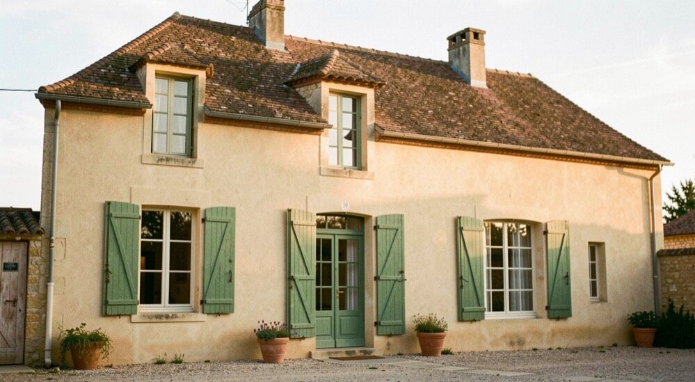 Façade de maison blanche face à la mer en fin de journée, persiennes closes contre le vent marin, garde-corps métallique patiné par le sel et la ligne d’horizon au loin