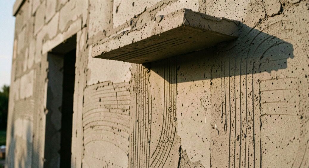 Chantier de maison individuelle vu depuis un point fixe de la parcelle, coffrages de banches alignés le long d’un voile frais et filasse de traçage tendue entre deux piquets